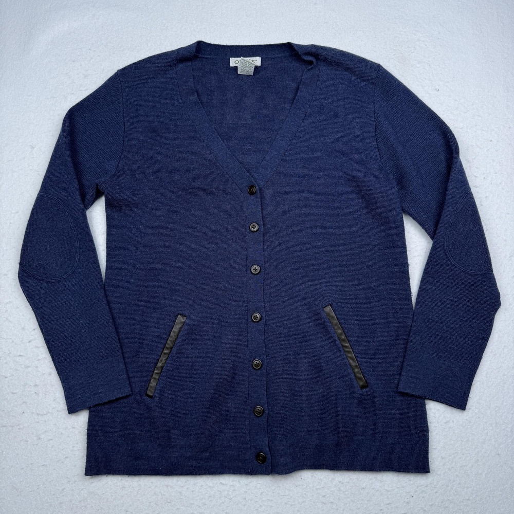 Orvis Sweater Cardigan Mens Medium Blue Wool Leather Trim V Neck Knit Pockets